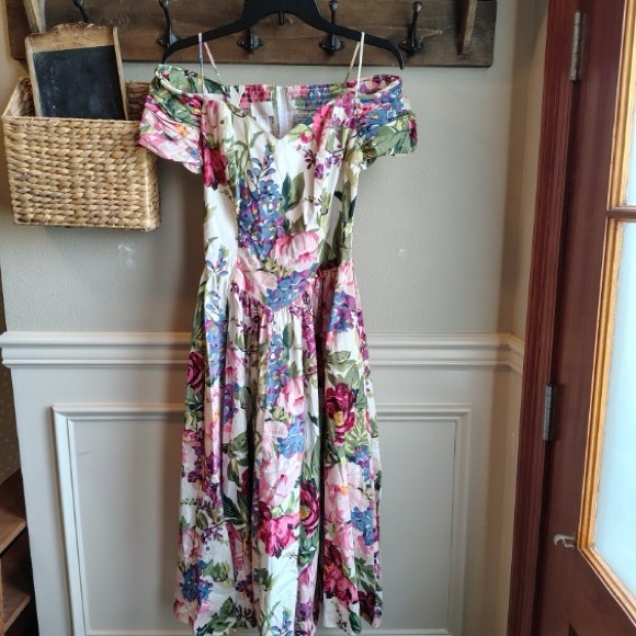 Vtg Moda Int’l Floral Midi Dress Women 10 Corset Ruched Off The Shoulder Prom - Picture 2 of 16